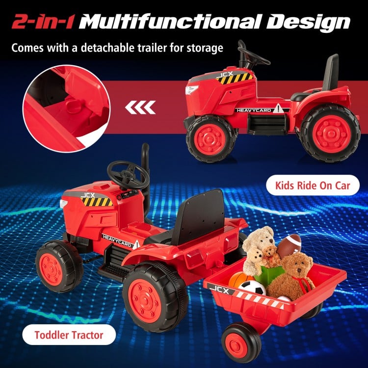 Kids ride-on tractor in red with detachable trailer, featuring 12V battery, remote control, and multifunctional design.